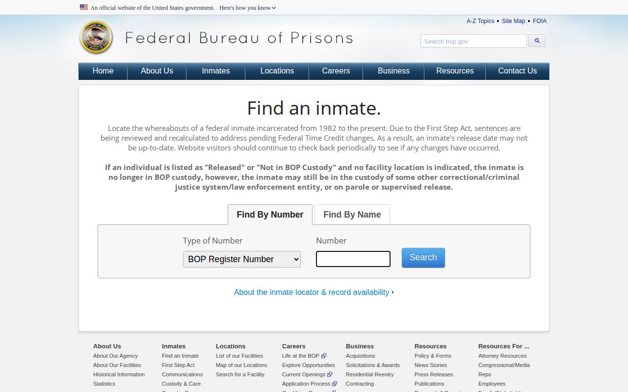 BOP Inmate Locator for former McRae Correctional Facility federal release records