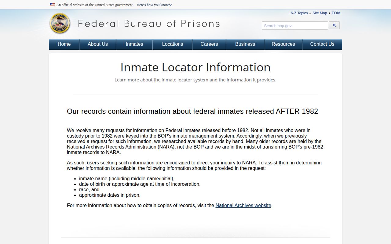 BOP guidance explaining federal inmate release status and records