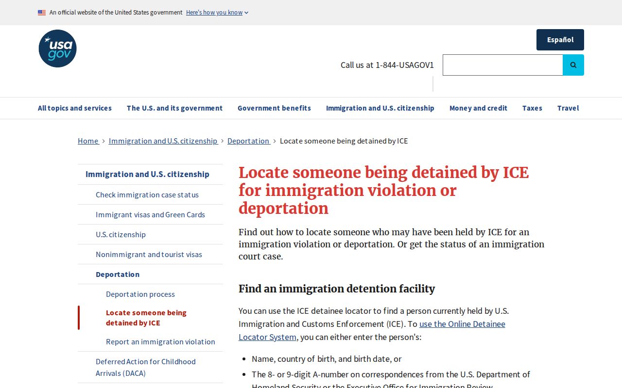 USA.gov guidance for locating a person detained by ICE