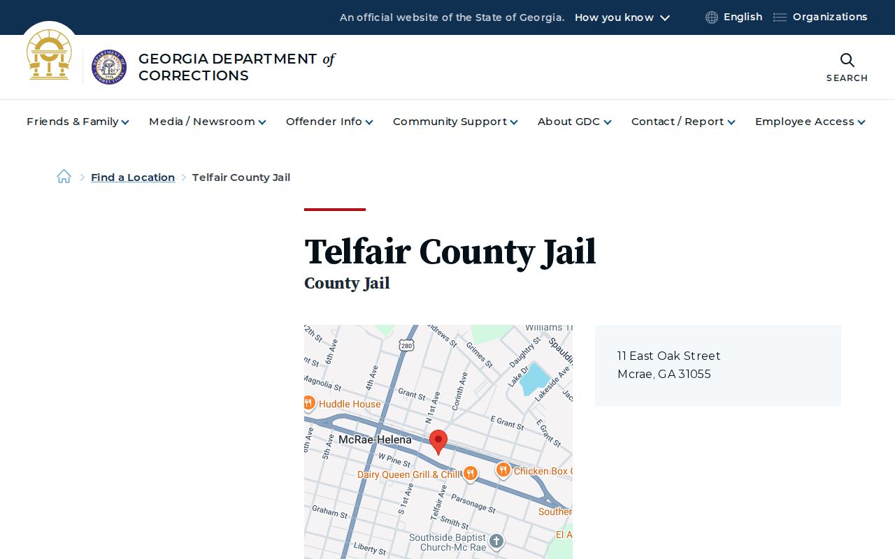 Georgia Department of Corrections location page for Telfair County Jail