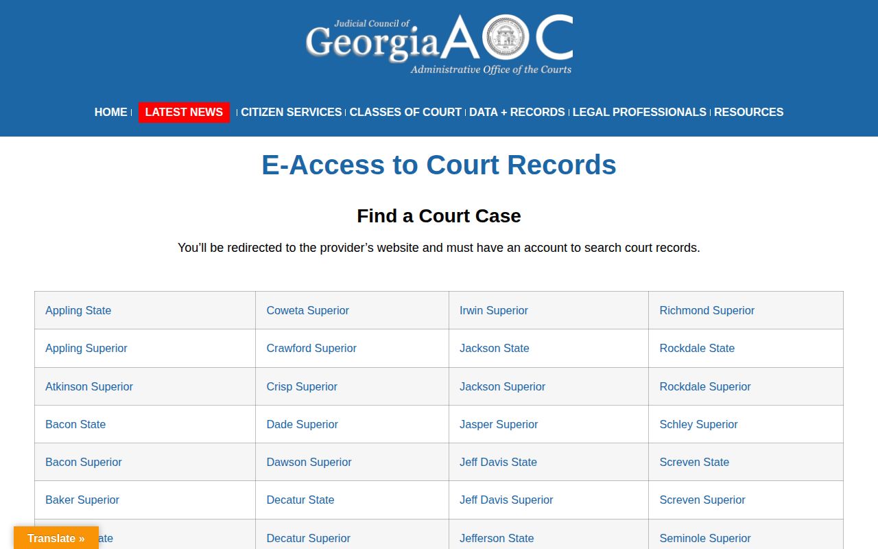 Georgia Courts electronic access page used for Telfair municipal arrest court records